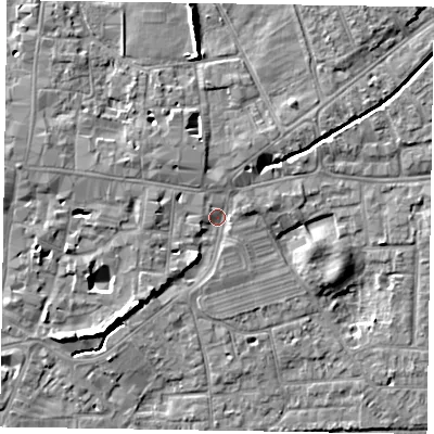 Shaded relief map of the ground around PO191JW, computed from Environment Agency LiDAR. The ground here sits at about 13 m above sea level and falls 7 m across the surrounding 800 m. Surface water reaching this point runs off ground lying to the west-north-west, 2.5 m higher.