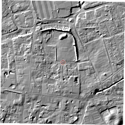 Shaded relief map of the ground around PO191LA, computed from Environment Agency LiDAR. The ground here sits at about 14 m above sea level and falls 9 m across the surrounding 800 m. Surface water reaching this point runs off ground lying to the north, 6.1 m higher.