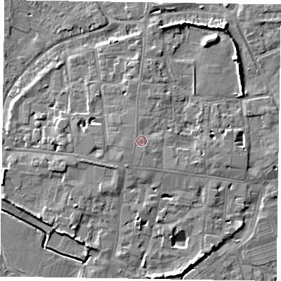 Shaded relief map of the ground around PO191LQ, computed from Environment Agency LiDAR. The ground here sits at about 15 m above sea level and falls 10 m across the surrounding 800 m. Surface water reaching this point runs off ground lying to the south-south-east, 0.7 m higher.
