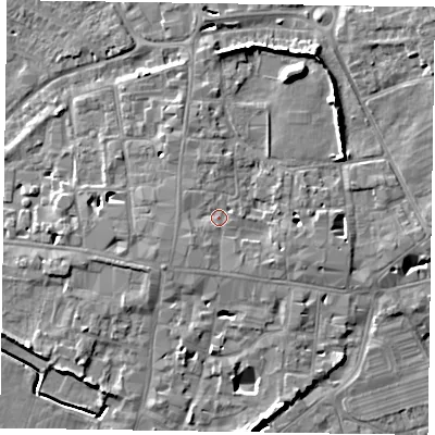 Shaded relief map of the ground around PO191LS, computed from Environment Agency LiDAR. The ground here sits at about 14 m above sea level and falls 10 m across the surrounding 800 m. Surface water reaching this point runs off ground lying to the south-west, 1.8 m higher.