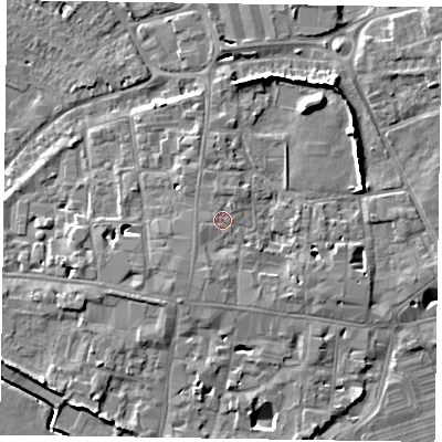 Shaded relief map of the ground around PO191LW, computed from Environment Agency LiDAR. The ground here sits at about 14 m above sea level and falls 10 m across the surrounding 800 m. Surface water reaching this point runs off ground lying to the north, 0.9 m higher.