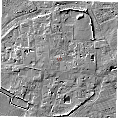 Shaded relief map of the ground around PO191NA, computed from Environment Agency LiDAR. The ground here sits at about 15 m above sea level and falls 10 m across the surrounding 800 m. Surface water reaching this point runs off ground lying to the south-west, 1.1 m higher.