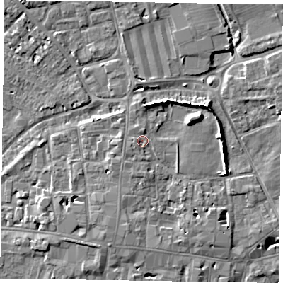 Shaded relief map of the ground around PO191NJ, computed from Environment Agency LiDAR. The ground here sits at about 14 m above sea level and falls 9 m across the surrounding 800 m. Surface water reaching this point runs off ground lying to the north, 1.0 m higher.