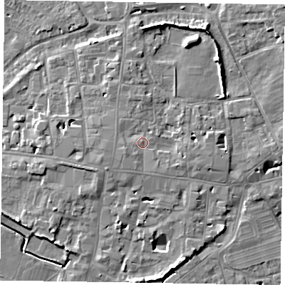 Shaded relief map of the ground around PO191NN, computed from Environment Agency LiDAR. The ground here sits at about 15 m above sea level and falls 10 m across the surrounding 800 m. Surface water reaching this point runs off ground lying to the west-south-west, 1.6 m higher.