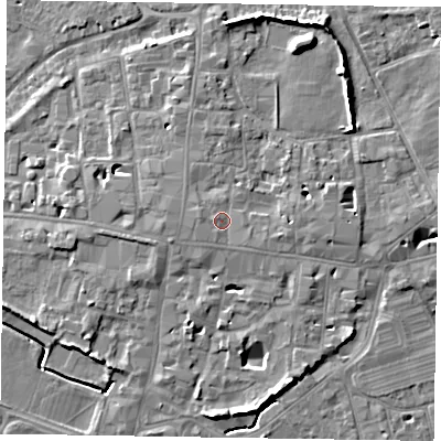 Shaded relief map of the ground around PO191NP, computed from Environment Agency LiDAR. The ground here sits at about 15 m above sea level and falls 10 m across the surrounding 800 m. Surface water reaching this point runs off ground lying to the west, 1.1 m higher.