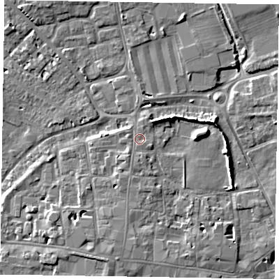 Shaded relief map of the ground around PO191NQ, computed from Environment Agency LiDAR. The ground here sits at about 14 m above sea level and falls 9 m across the surrounding 800 m. Surface water reaching this point runs off ground lying to the south-south-west, 1.1 m higher.