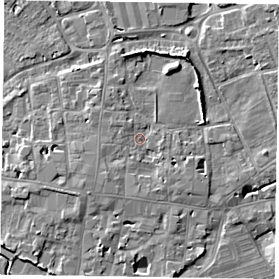 Shaded relief map of the ground around PO191NR, computed from Environment Agency LiDAR. The ground here sits at about 14 m above sea level and falls 9 m across the surrounding 800 m. Surface water reaching this point runs off ground lying to the south-west, 2.2 m higher.