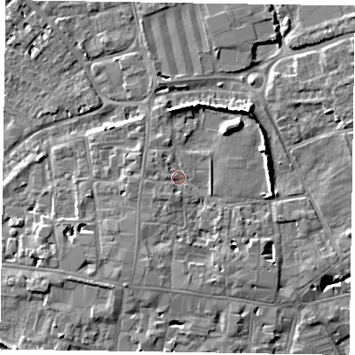 Shaded relief map of the ground around PO191NS, computed from Environment Agency LiDAR. The ground here sits at about 14 m above sea level and falls 9 m across the surrounding 800 m. Surface water reaching this point runs off ground lying to the north-west, 1.4 m higher.