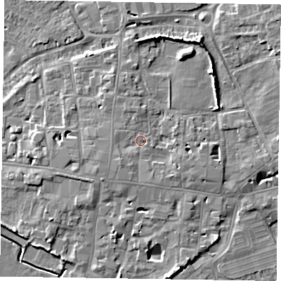 Shaded relief map of the ground around PO191NW, computed from Environment Agency LiDAR. The ground here sits at about 14 m above sea level and falls 10 m across the surrounding 800 m. Surface water reaching this point runs off ground lying to the south-west, 1.8 m higher.