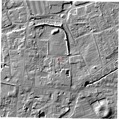 Shaded relief map of the ground around PO191NX, computed from Environment Agency LiDAR. The ground here sits at about 14 m above sea level and falls 9 m across the surrounding 800 m. Surface water reaching this point runs off ground lying to the east-north-east, 4.0 m higher.