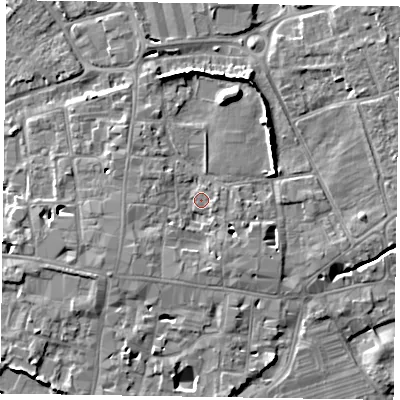 Shaded relief map of the ground around PO191NY, computed from Environment Agency LiDAR. The ground here sits at about 14 m above sea level and falls 9 m across the surrounding 800 m. Surface water reaching this point runs off ground lying to the south, 2.1 m higher.