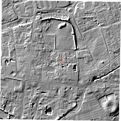 Shaded relief map of the ground around PO191NZ, computed from Environment Agency LiDAR. The ground here sits at about 14 m above sea level and falls 9 m across the surrounding 800 m. Surface water reaching this point runs off ground lying to the east-north-east, 1.5 m higher.