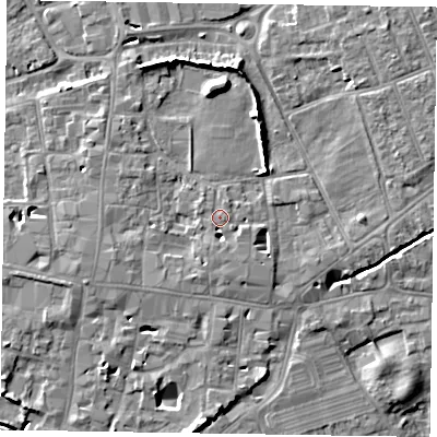 Shaded relief map of the ground around PO191PB, computed from Environment Agency LiDAR. The ground here sits at about 15 m above sea level and falls 9 m across the surrounding 800 m. Surface water reaching this point runs off ground lying to the east, 1.4 m higher.