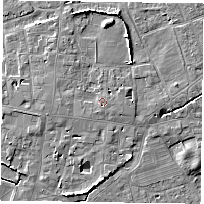 Shaded relief map of the ground around PO191PH, computed from Environment Agency LiDAR. The ground here sits at about 15 m above sea level and falls 9 m across the surrounding 800 m. Surface water reaching this point runs off ground lying to the south-south-west, 1.4 m higher.