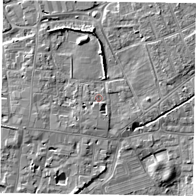 Shaded relief map of the ground around PO191PR, computed from Environment Agency LiDAR. The ground here sits at about 14 m above sea level and falls 8 m across the surrounding 800 m. Surface water reaching this point runs off ground lying to the north-east, 4.0 m higher.