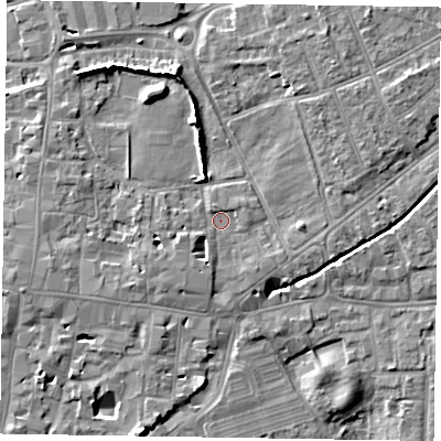 Shaded relief map of the ground around PO191QZ, computed from Environment Agency LiDAR. The ground here sits at about 14 m above sea level and falls 8 m across the surrounding 800 m. Surface water reaching this point runs off ground lying to the north-east, 4.3 m higher.
