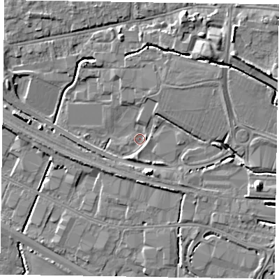 Shaded relief map of the ground around PO191SN, computed from Environment Agency LiDAR. The ground here sits at about 8 m above sea level and falls 12 m across the surrounding 800 m. Surface water reaching this point runs off ground lying to the north-east, 3.8 m higher.