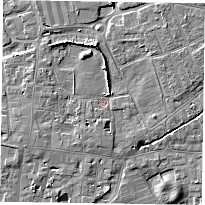 Shaded relief map of the ground around PO191UL, computed from Environment Agency LiDAR. The ground here sits at about 14 m above sea level and falls 8 m across the surrounding 800 m. Surface water reaching this point runs off ground lying to the north-north-west, 6.1 m higher.