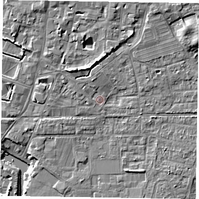 Shaded relief map of the ground around PO191XB, computed from Environment Agency LiDAR. The ground here sits at about 12 m above sea level and falls 11 m across the surrounding 800 m. Surface water reaching this point runs off ground lying to the north-north-west, 1.9 m higher.