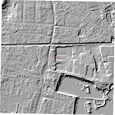 Shaded relief map of the ground around PO192PQ, computed from Environment Agency LiDAR. The ground here sits at about 11 m above sea level and falls 6 m across the surrounding 800 m. Surface water reaching this point runs off ground lying to the south-south-west, 3.0 m higher.