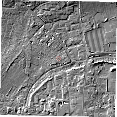 Shaded relief map of the ground around PO193BE, computed from Environment Agency LiDAR. The ground here sits at about 13 m above sea level and falls 9 m across the surrounding 800 m. Surface water reaching this point runs off ground lying to the north, 5.3 m higher.