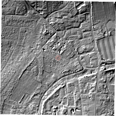 Shaded relief map of the ground around PO193BG, computed from Environment Agency LiDAR. The ground here sits at about 13 m above sea level and falls 11 m across the surrounding 800 m. Surface water reaching this point runs off ground lying to the north-north-east, 7.5 m higher.