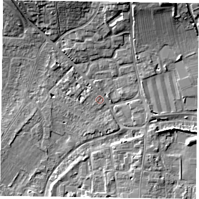 Shaded relief map of the ground around PO193BJ, computed from Environment Agency LiDAR. The ground here sits at about 13 m above sea level and falls 13 m across the surrounding 800 m. Surface water reaching this point runs off ground lying to the north, 1.6 m higher.