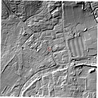 Shaded relief map of the ground around PO193BL, computed from Environment Agency LiDAR. The ground here sits at about 13 m above sea level and falls 13 m across the surrounding 800 m. Surface water reaching this point runs off ground lying to the east, 1.6 m higher.