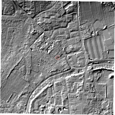 Shaded relief map of the ground around PO193BQ, computed from Environment Agency LiDAR. The ground here sits at about 13 m above sea level and falls 11 m across the surrounding 800 m. Surface water reaching this point runs off ground lying to the north-north-east, 7.6 m higher.