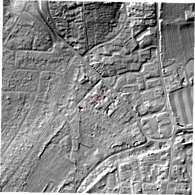 Shaded relief map of the ground around PO193BS, computed from Environment Agency LiDAR. The ground here sits at about 13 m above sea level and falls 14 m across the surrounding 800 m. Surface water reaching this point runs off ground lying to the north-north-east, 1.7 m higher.