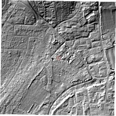Shaded relief map of the ground around PO193BT, computed from Environment Agency LiDAR. The ground here sits at about 13 m above sea level and falls 13 m across the surrounding 800 m. Surface water reaching this point runs off ground lying to the north-north-east, 4.5 m higher.