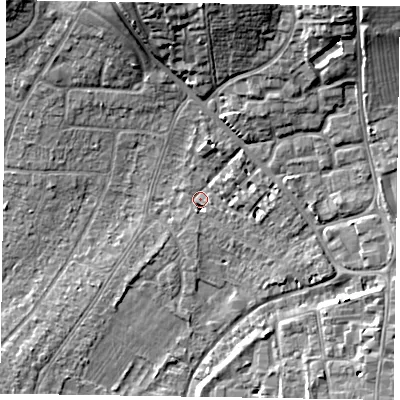 Shaded relief map of the ground around PO193DA, computed from Environment Agency LiDAR. The ground here sits at about 13 m above sea level and falls 13 m across the surrounding 800 m. Surface water reaching this point runs off ground lying to the north-east, 12.6 m higher.