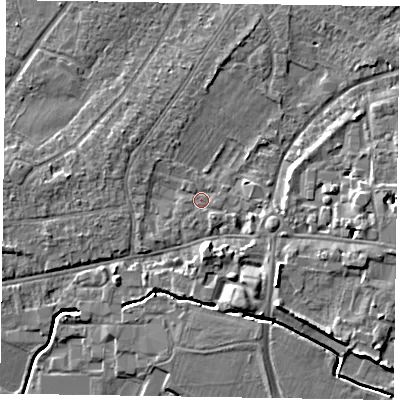 Shaded relief map of the ground around PO193DL, computed from Environment Agency LiDAR. The ground here sits at about 10 m above sea level and falls 9 m across the surrounding 800 m. Surface water reaching this point runs off ground lying to the south-east, 1.1 m higher.