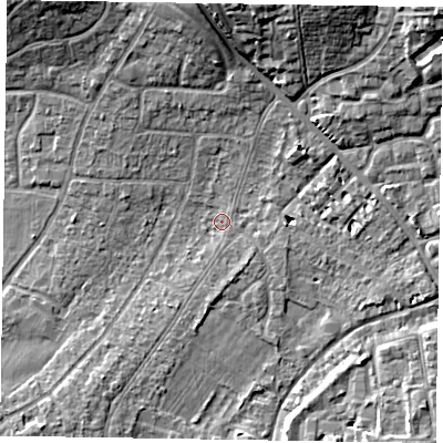 Shaded relief map of the ground around PO193DY, computed from Environment Agency LiDAR. The ground here sits at about 12 m above sea level and falls 12 m across the surrounding 800 m. Surface water reaching this point runs off ground lying to the east, 1.4 m higher.