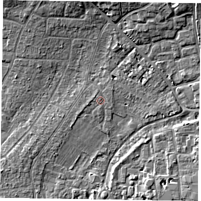Shaded relief map of the ground around PO193DZ, computed from Environment Agency LiDAR. The ground here sits at about 12 m above sea level and falls 9 m across the surrounding 800 m. Surface water reaching this point runs off ground lying to the north-east, 1.0 m higher.