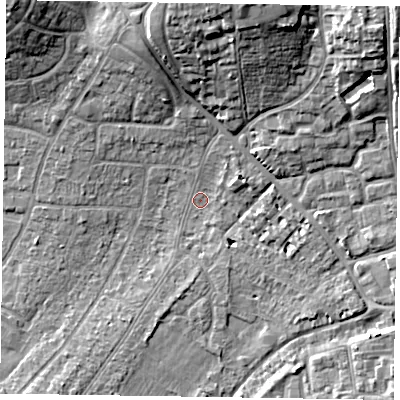 Shaded relief map of the ground around PO193EB, computed from Environment Agency LiDAR. The ground here sits at about 12 m above sea level and falls 16 m across the surrounding 800 m. Surface water reaching this point runs off ground lying to the north-north-west, 8.2 m higher.