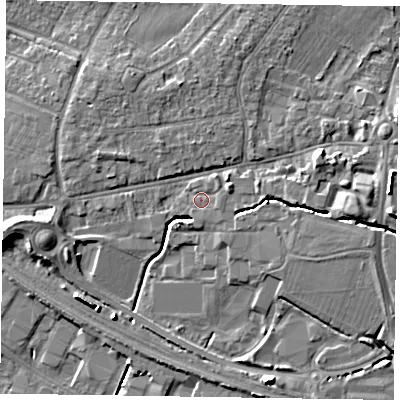 Shaded relief map of the ground around PO193EY, computed from Environment Agency LiDAR. The ground here sits at about 9 m above sea level and falls 10 m across the surrounding 800 m. Surface water reaching this point runs off ground lying to the north-east, 0.8 m higher.