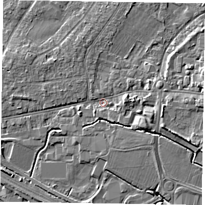 Shaded relief map of the ground around PO193EZ, computed from Environment Agency LiDAR. The ground here sits at about 9 m above sea level and falls 10 m across the surrounding 800 m. Surface water reaching this point runs off ground lying to the east, 4.9 m higher.