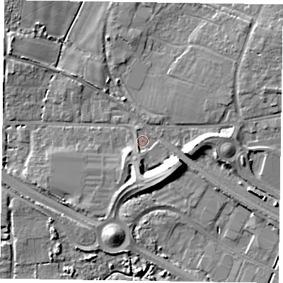 Shaded relief map of the ground around PO193FH, computed from Environment Agency LiDAR. The ground here sits at about 6 m above sea level and falls 11 m across the surrounding 800 m. Surface water reaching this point runs off ground lying to the south-east, 8.6 m higher.