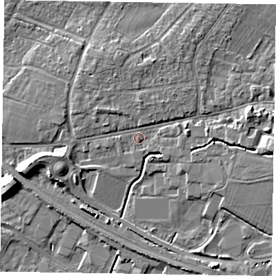 Shaded relief map of the ground around PO193HA, computed from Environment Agency LiDAR. The ground here sits at about 9 m above sea level and falls 9 m across the surrounding 800 m. Surface water reaching this point runs off ground lying to the south-south-east, 0.8 m higher.