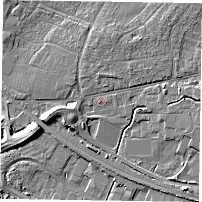 Shaded relief map of the ground around PO193HB, computed from Environment Agency LiDAR. The ground here sits at about 9 m above sea level and falls 10 m across the surrounding 800 m. Surface water reaching this point runs off ground lying to the north-east, 4.7 m higher.