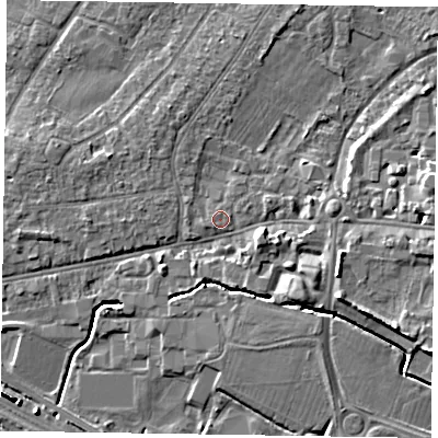 Shaded relief map of the ground around PO193HF, computed from Environment Agency LiDAR. The ground here sits at about 10 m above sea level and falls 9 m across the surrounding 800 m. Surface water reaching this point runs off ground lying to the east-north-east, 4.4 m higher.