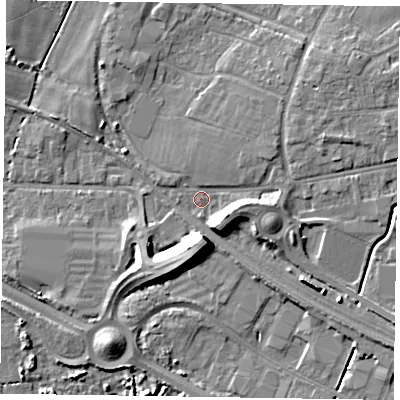 Shaded relief map of the ground around PO193HR, computed from Environment Agency LiDAR. The ground here sits at about 7 m above sea level and falls 11 m across the surrounding 800 m. Surface water reaching this point runs off ground lying to the north-east, 2.7 m higher.