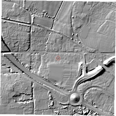 Shaded relief map of the ground around PO193HS, computed from Environment Agency LiDAR. The ground here sits at about 5 m above sea level and falls 11 m across the surrounding 800 m. Surface water reaching this point runs off ground lying to the east-south-east, 3.7 m higher.