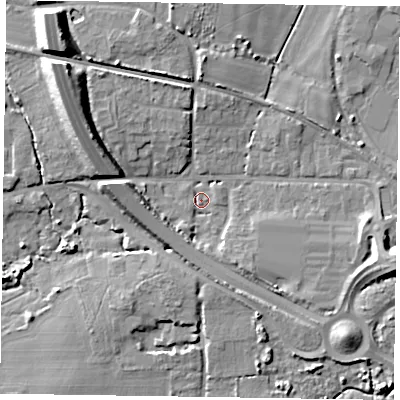 Shaded relief map of the ground around PO193HZ, computed from Environment Agency LiDAR. The ground here sits at about 4 m above sea level and falls 13 m across the surrounding 800 m. Surface water reaching this point runs off ground lying to the east-south-east, 7.6 m higher.