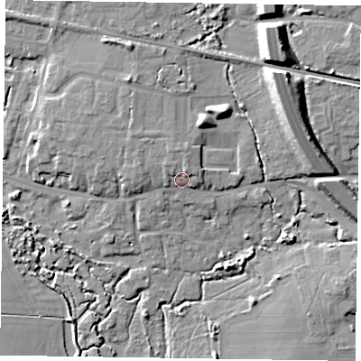 Shaded relief map of the ground around PO193JL, computed from Environment Agency LiDAR. The ground here sits at about 7 m above sea level and falls 14 m across the surrounding 800 m. Surface water reaching this point runs off ground lying to the north, 2.5 m higher.