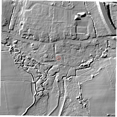 Shaded relief map of the ground around PO193JN, computed from Environment Agency LiDAR. The ground here sits at about 4 m above sea level and falls 14 m across the surrounding 800 m. Surface water reaching this point runs off ground lying to the north-north-east, 3.0 m higher.