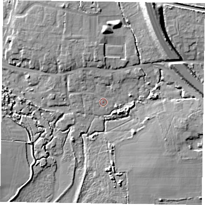 Shaded relief map of the ground around PO193JW, computed from Environment Agency LiDAR. The ground here sits at about 4 m above sea level and falls 14 m across the surrounding 800 m. Surface water reaching this point runs off ground lying to the north-west, 2.6 m higher.