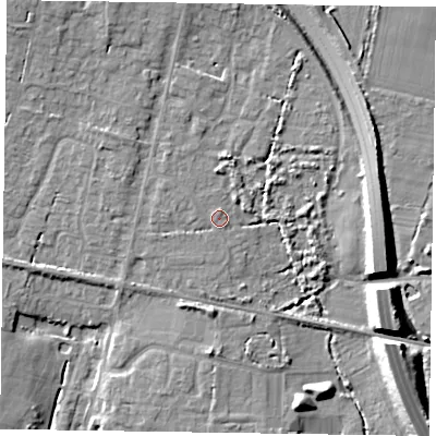 Shaded relief map of the ground around PO193QF, computed from Environment Agency LiDAR. The ground here sits at about 9 m above sea level and falls 12 m across the surrounding 800 m. Surface water reaching this point runs off ground lying to the north-north-east, 3.8 m higher.