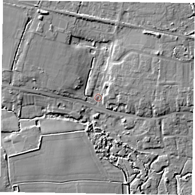 Shaded relief map of the ground around PO193QX, computed from Environment Agency LiDAR. The ground here sits at about 4 m above sea level and falls 9 m across the surrounding 800 m. Surface water reaching this point runs off ground lying to the north-east, 6.0 m higher.